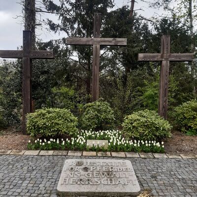 Bild vergrößern: Kriegsgräber mit Holzkreuze auf dem Waldfriedhof