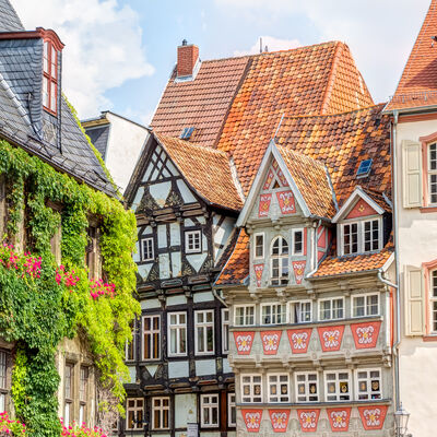 Alte, traditionelle Fachwerkhäuser in der Welterbestadt Quedlinburg