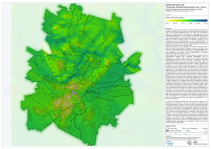 Bild vergr&ouml;&szlig;ern: Gr&uuml;ne Stadtkarte mit farbigen W&auml;rmebereichen, Stra&szlig;enlinien und einer ausf&uuml;hrlichen Legende am rechten Rand.