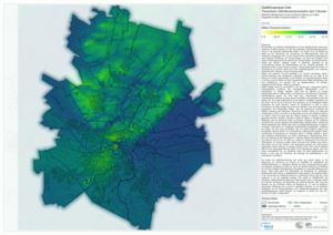 Bild vergr&ouml;&szlig;ern: Karte eines Stadtgebiets in Blau- und Gr&uuml;nt&ouml;nen mit Stra&szlig;ennetz, Legende und Erl&auml;uterungstext rechts