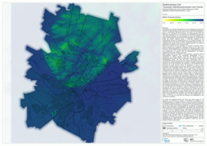 Bild vergr&ouml;&szlig;ern: Blau-gr&uuml;ne thematische Karte einer Region mit Stra&szlig;en- und Gew&auml;ssernetz; rechts Legende und Auswertungstext.
